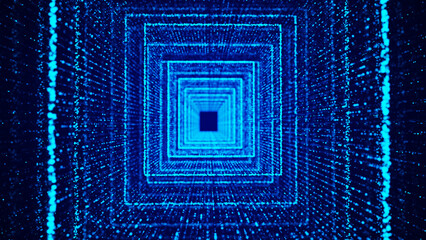 Abstract dynamic wireframe tunnel on blue background. Futuristic 3D portal. Futuristic particle flow. 3d rendering.