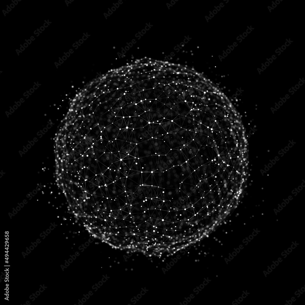 Poster sphere made up of points and lines. network connection structure. big data visualization. 3d renderi