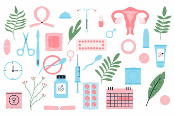 Contraception set. Types of contraception.The concept of awareness of contraceptive methods in the field of sexual and reproductive health. Safe sexual behavior, birth control. - obrazy, fototapety, plakaty
