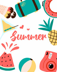 Summer postcard. Summer card with fruits, camera, suitcase.Vector illustration.