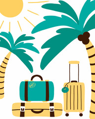 Summer hand-drawn postcard with palm trees and sun. Poster on the theme of summer holidays. Vector illustration in hand drawn style.