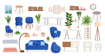 Set of furniture for the bedroom, hallway, living room, office. Collection of items for the interior of an apartment, office, home. Vector illustration in flat cartoon style. Housing elements.