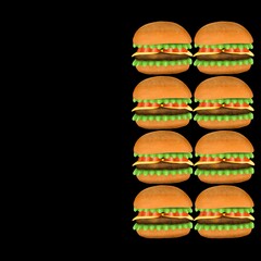 Several burgers are lined up one after the other. Digital illustration