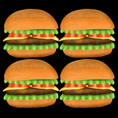 Four burgers are lined up one square on a dark background. Digital illustration