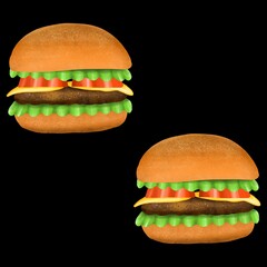 Two burgers are arranged diagonally on a dark background. Digital illustration