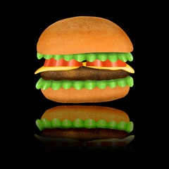 A large burger on a dark background with a reflection. Digital illustration