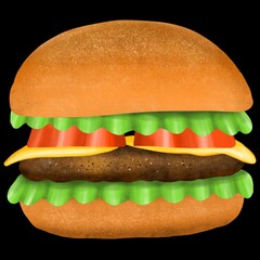A large burger on a dark background. Digital illustration