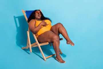 Full length portrait of overweight afro hairstyle lady sit chilling fell confident love herself no...