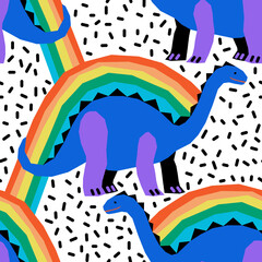 Vector seamless kids pattern with dinosaurs and rainbows - 494431400