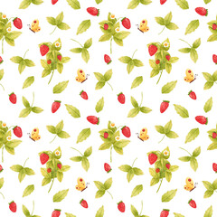 Hand drawn watercolor strawberry with butterfly seamless pattern on white background. Fresh summer berries with leaves and flowers wallpaper