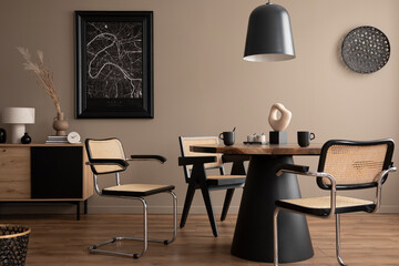 Modern composition of dining room interior with rounded wooden table, stylish chairs, decoration,...