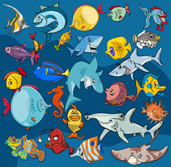 Obraz premium cartoon fish marine animal characters background
