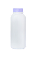 Bottle of dusting powder isolated on white, space for design. Baby cosmetic product