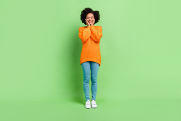 Fototapeta na wymiar Full length body size view of attractive cheerful girl enjoying good mood isolated over green pastel color background