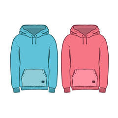 blue pink Hoodie Vector. Fashion Flat Sketch, Fashion Template, Unisex Hoodie Design, hoodie fashion cad. isolated on white.
