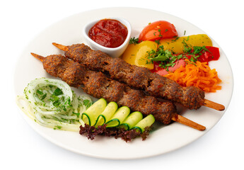 Grilled lula kebab on stick on white background isolated