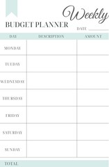 Weekly budget planner. Financial planner page vector. Budget for the month. Minimalistic strict design.