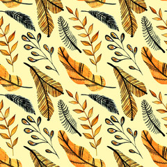 Watercolor seamless pattern with orange and black leaves on the white background. Christmas tree branch pattern. Perfect for greeting cards, invitation, wrapping paper, textile