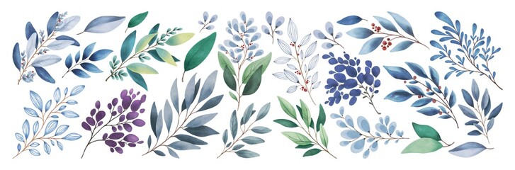 Hand Drawing Watercolor Beautiful Plant Set isolated on white background. Use for poster, card, print, textile, template, fabric, pattern, stickers, wedding, celebration, birthday