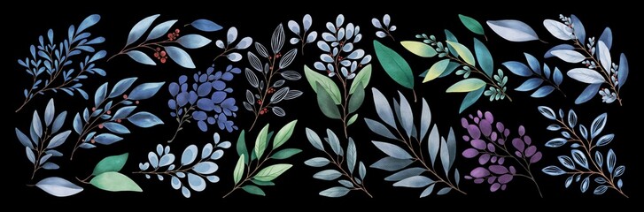 Hand Drawing Watercolor Beautiful Plant Set isolated on black background. Use for poster, card, print, textile, template, fabric, pattern, stickers, wedding, celebration, birthday
