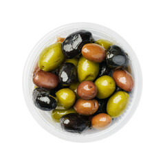 mix of green, brown and black olives in a plastic plate. isolated white background