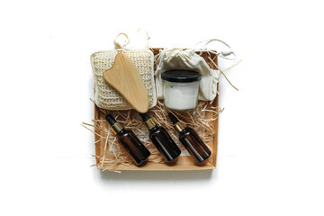 Flat lay care box composition.Eco friendly beauty cosmetics set for relaxation,mental health.Natural cosmetics.Gift box,wellness.