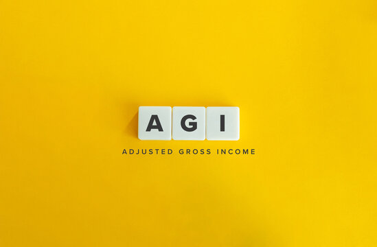 Adjusted Gross Income (AGI) Banner. Letter Tiles on Yellow Background. Minimal Aesthetics.