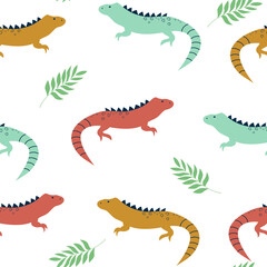 Cute iguana seamless pattern. Funny animals. Symbol of Mexico. Kids print in Scandinavian style. Hand drawn iguana.