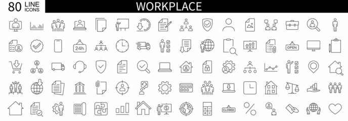 Fototapeta na wymiar Set of 80 icon Business people, workplace. Teamwork, workplace, coffee, work. Human resources, office management. Vector illustration.