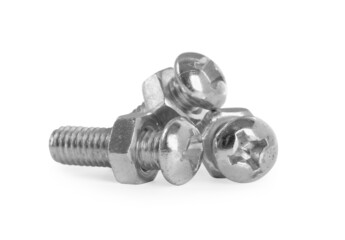 Metal bolts with hex nuts on white background