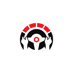 Hands holding car steering wheel. Company logo design. Vector illustration.