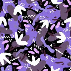 Obraz na płótnie Canvas Abstract geometric colorful seamless pattern of decorative oval, rounded lilac, violet and pink shapes on a black background