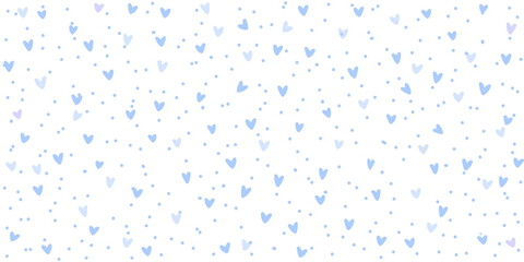 Blue white background with hearts and dots, seamless pattern, vector drawing wide horizontal
