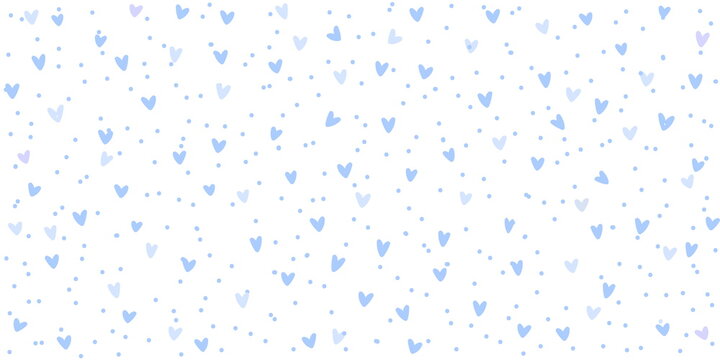 Blue white background with hearts and dots, seamless pattern, vector drawing wide horizontal
