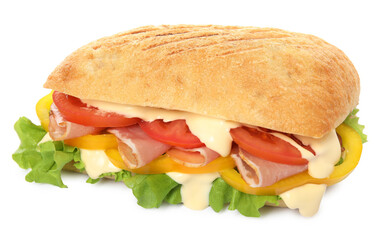 Delicious sandwich with vegetables, ham and mayonnaise isolated on white