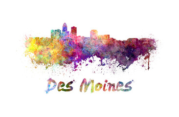 Des Moines skyline in watercolor