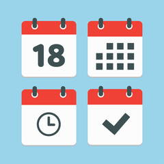 Icons calendar number 18, agenda app, timer, done