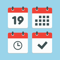 Icons calendar number 19, agenda app, timer, done