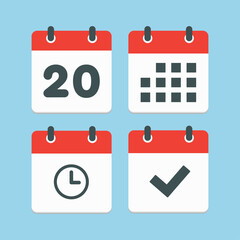 Icons calendar number 20, agenda app, timer, done