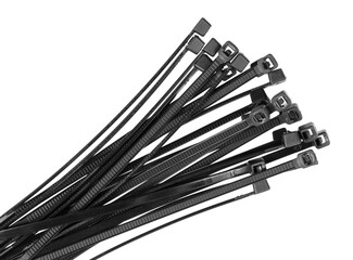 Black plastic cable ties isolated on white background. plastic wire ties closeup.