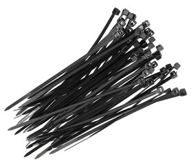 Black plastic cable ties isolated on white background. plastic wire ties closeup.