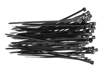 Black plastic cable ties isolated on white background. plastic wire ties closeup.