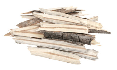Dry tree twigs branches isolated on white background. pieces of broken wood plank. small wood chips close-up