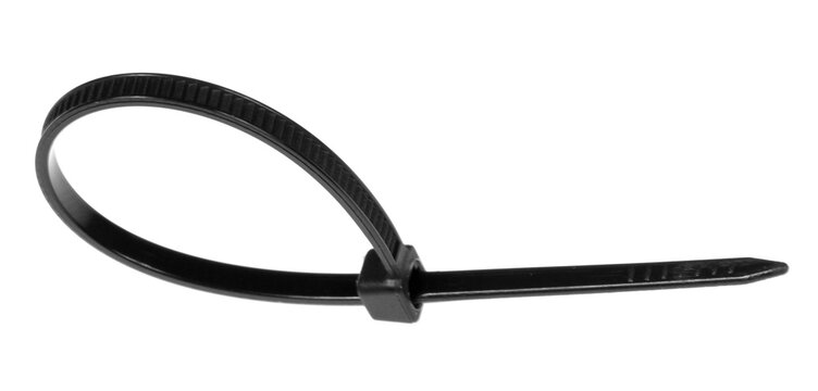 Black plastic cable ties isolated on white background. plastic wire ties closeup.