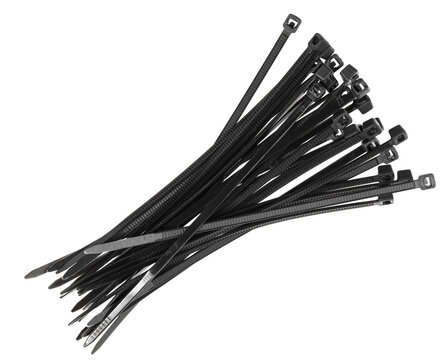 Black plastic cable ties isolated on white background. plastic wire ties closeup.