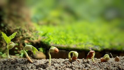 Close-UP of pea sprouts germinating in soil. Germinated seeds sequences and growth of pea plant....