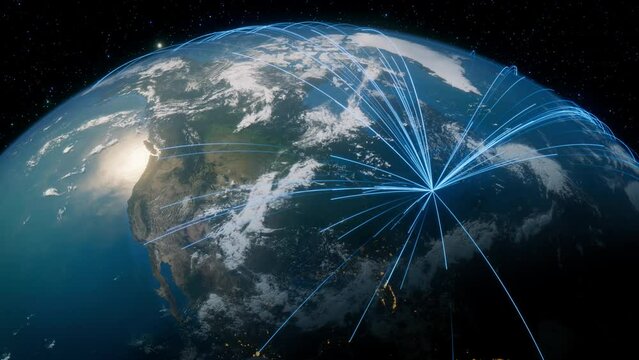 Earth in Space. Blue Lines connect Boston, USA with Cities across the World. Worldwide Travel or Networking Concept.