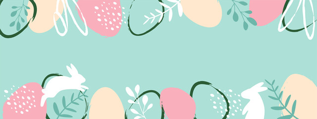 Happy easter. Celebration.  Easter egg and bunny ears on mint green background. Vector.