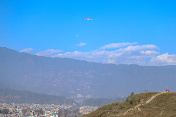 Aero plane flying over Himalayan range in Kathmandu Nepal. Landscape view.