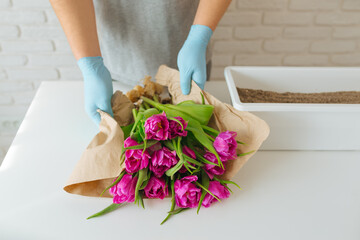 A man gardener unfolds a bouquet of paper tulips with bulbs